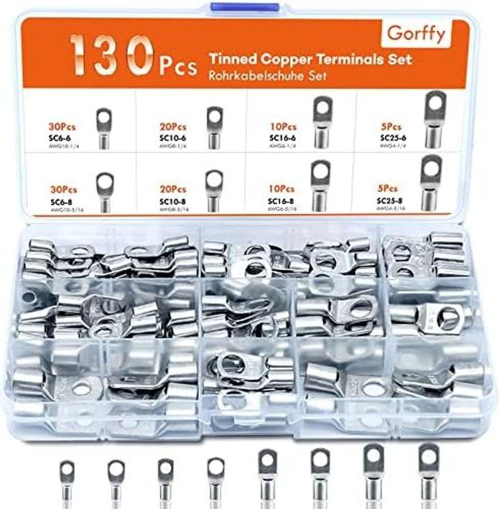 Kabelschuhe Rohrkabelschuhe Set 130 Pcs, Kabelschuhe Set 25mm? 16mm? 10mm? 6mm?, Kabelschuh Sortiment für Kfz Batteriekabel, Ringkabelschuhe Set M...
