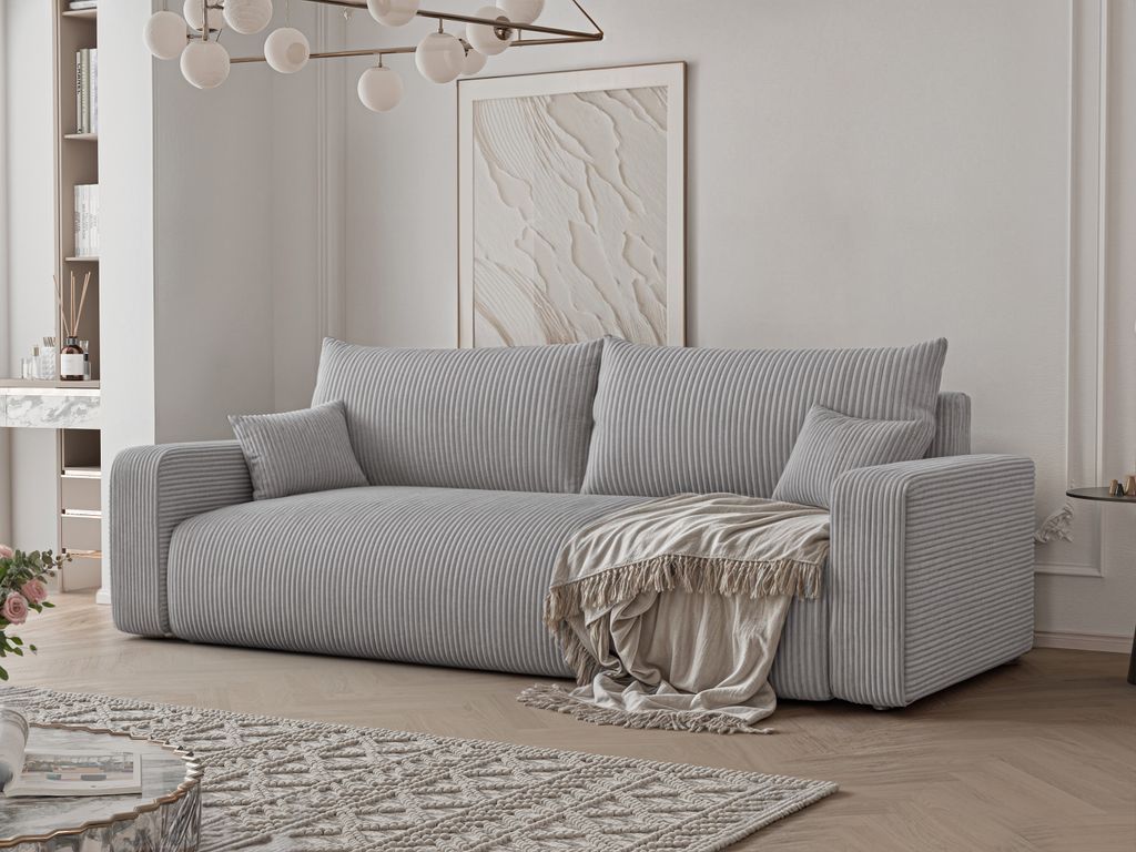 Freistehendes Polstersofa PIANO mit Schlaffunktion und Stauraum 3-Sitzer Sofa Schlafsofa modernen Sofa Moderner Cordstoff Poso 110 Grau