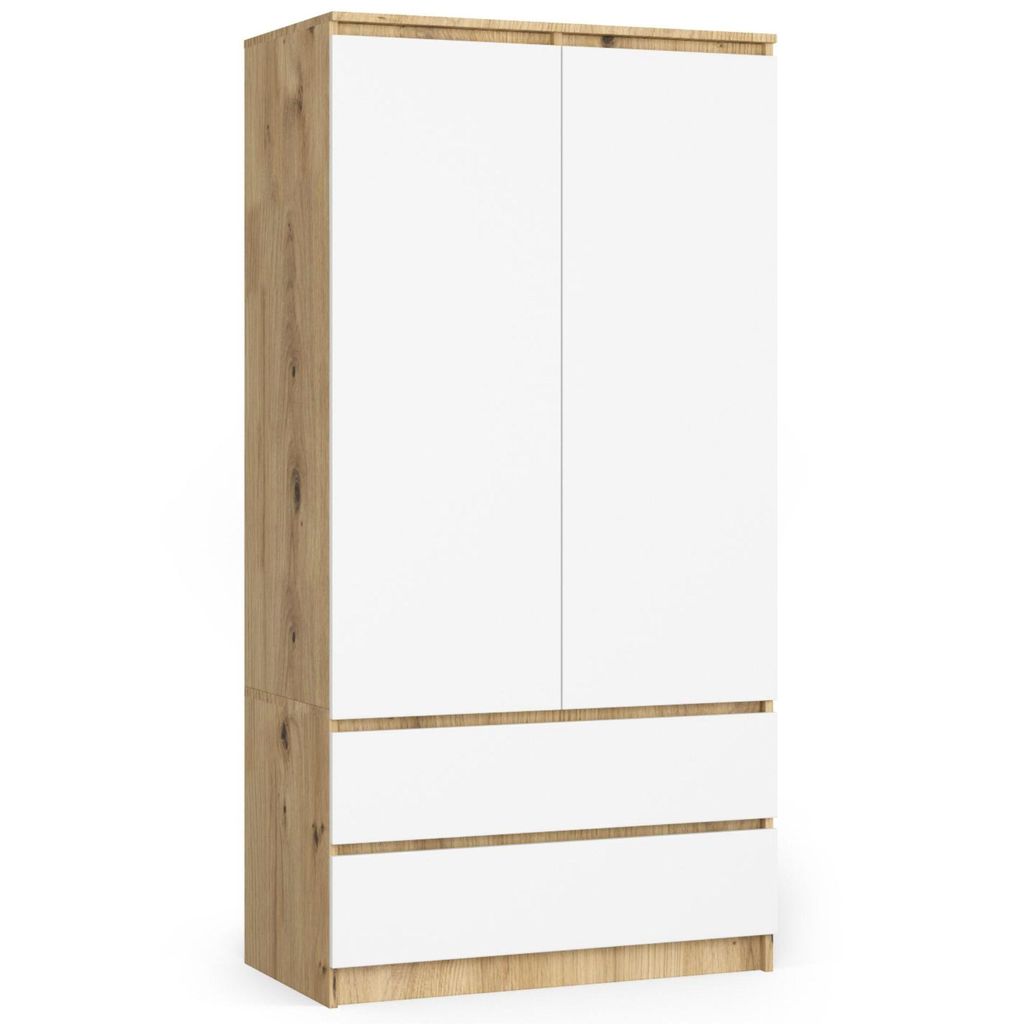 Kleiderschrank – Schlafzimmerschrank mit Kleiderstange – Artisan Eiche / Weiß – 90 cm – Eleganter Drehtürenschrank mit 2 Türen und 2 Sch...
