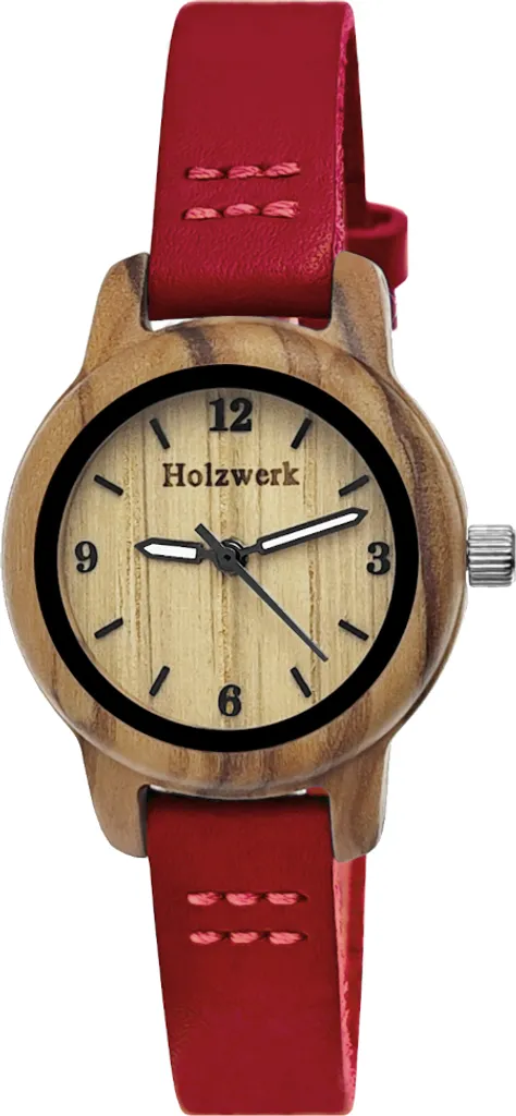Montre enfant pour apprendre l'heure en bois et cuir rouge Clara