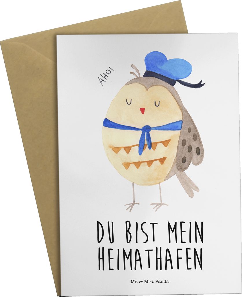 Mr. & Mrs. Panda Motivkarte Eule Matrose - Weiß - Geschenk, Grußkarte, Hochzeitstag, Kapitän, Freundin, dankeskarten, Grußkarten, osterkarten, ...