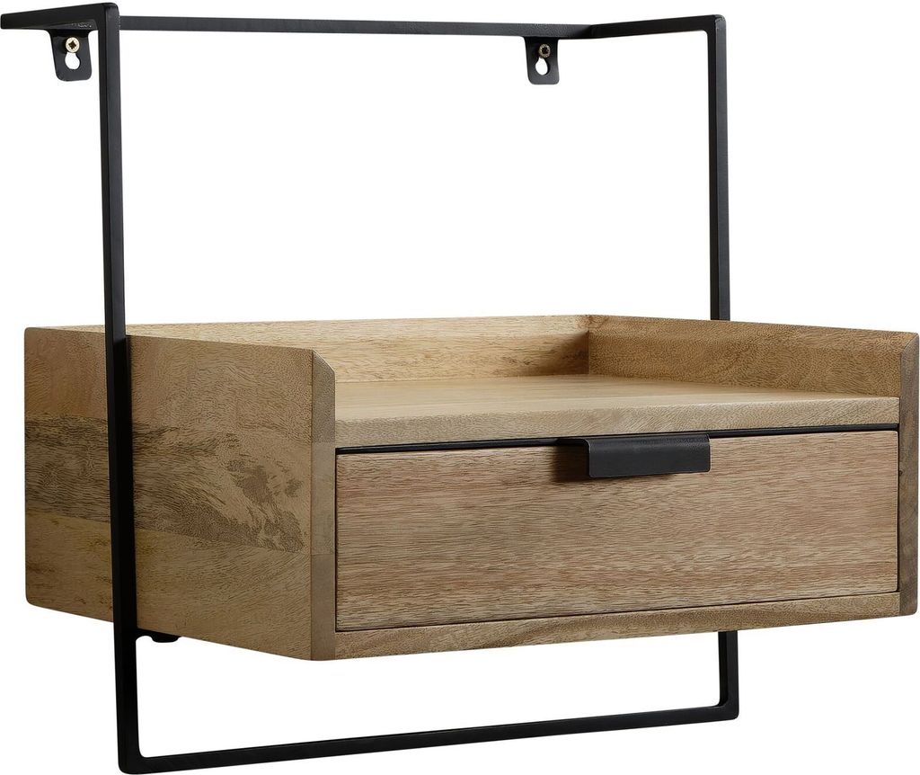 Nachtkonsole für Wandmontage 44x45x35 cm Mango Massivholz Hellbraun, Nachttisch mit Schublade, Wandboard Schwebend für Boxspringbett, Nachtschran...