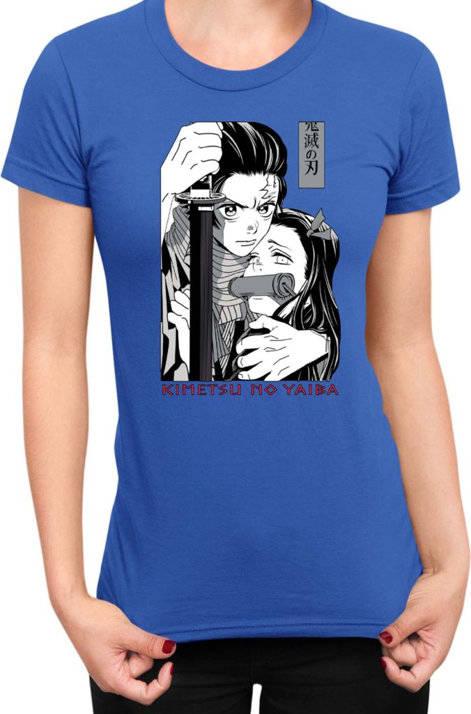 Damen T-Shirt Demon Anime Slayer Kimetsu No Yaiba Tanjiro Nezuko Kamado 003, Lady XL / Blau