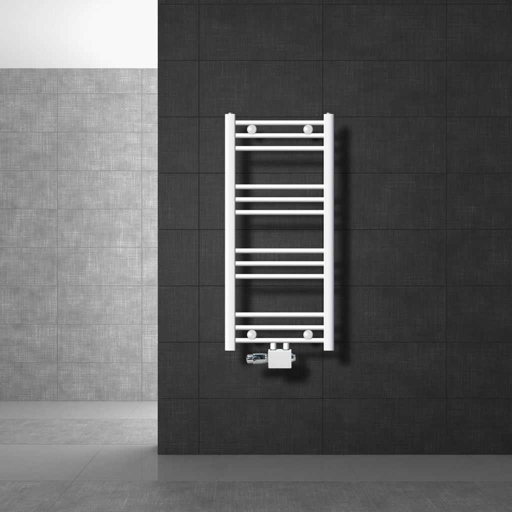 LuxeBath Badheizkörper Mittelanschluss 400 x 800 mm Weiß gerade mit Anschlussgarnitur inkl. Thermostat Universal Eck- & Durchgangsform, ohne Heiz...