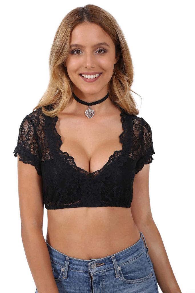 Dirndlbluse Mit Spitze Schwarz - Ärmellose Damen Bluse Für Oktoberfest & Festivals
