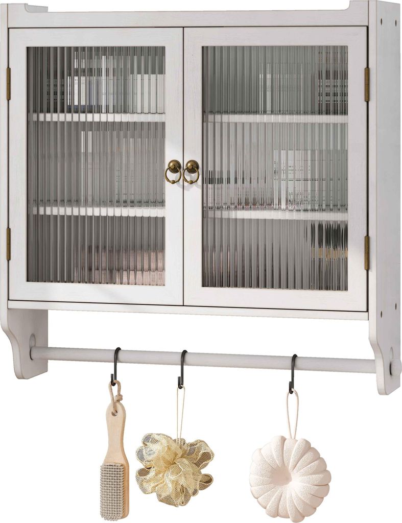 AIORBER Wandschrank 60cm Vintage mit Glastüren und Handtuchhalter Hängeschrank Bad Küche Esszimmer Aufbewahrung Schrank – Weiß gewaschen