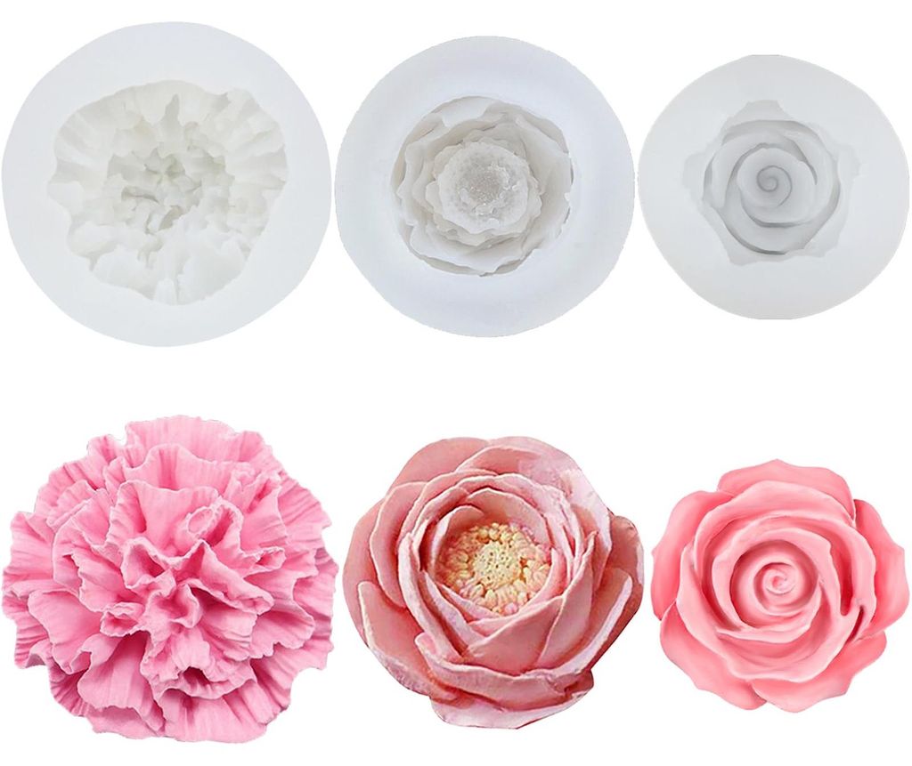 3-teilige Silikonformen für Blumenkerzen, Rosen, Nelken, Pfingstrosen, 3D-Silikonformen, Gussformen für kleine Blumen, DIY