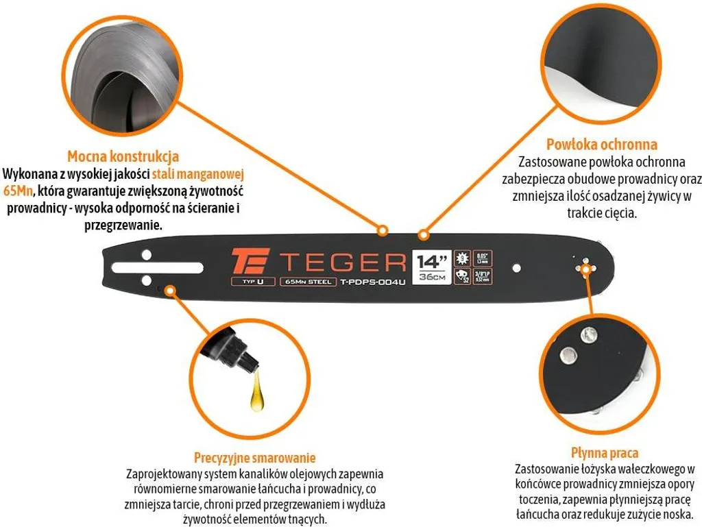 Guide-chaîne Teger 14 pouces 36 cm 3/8 LP 1,3 mm 52 maillons entraînement