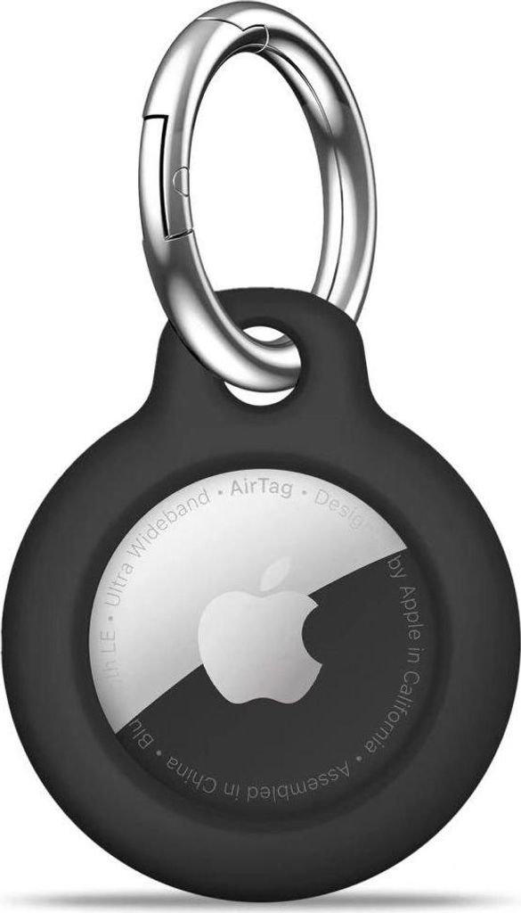 A black Apple AirTag holder with a silver carabiner clip.