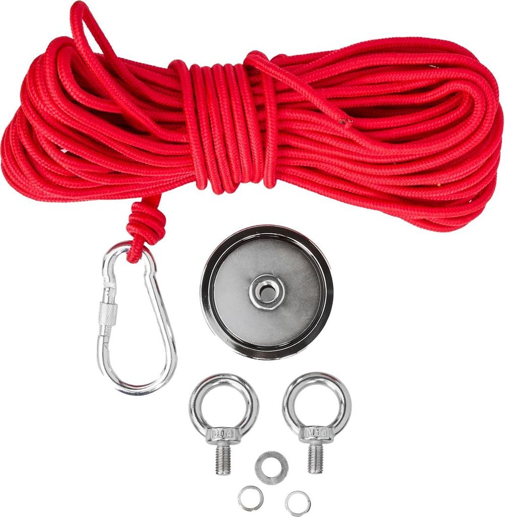 A set of items for magnet fishing, including a red rope, a round magnet, a carabiner, and two eye bolts, laid out on a white background.