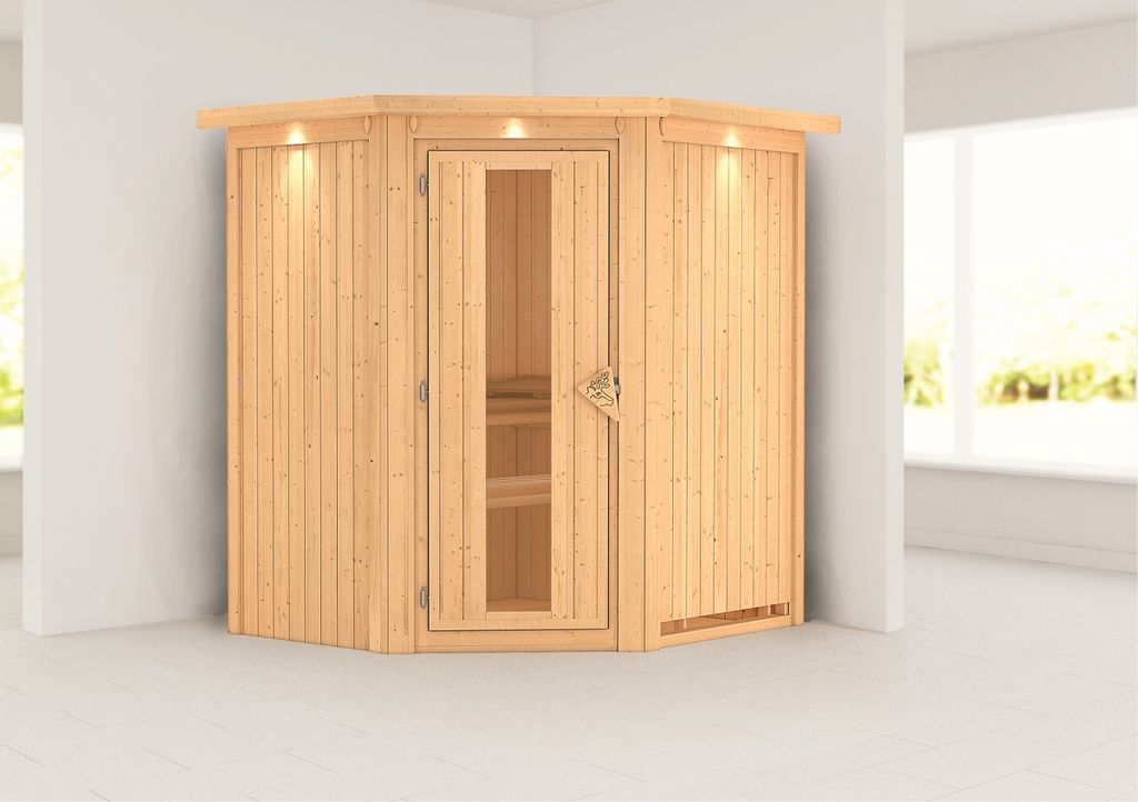 Sauna Taurin : mit Dachkranz : Energiespartür Holztür gedämmt : ohne Ofen Dachkranz: mit Dachkranz Saunaofen: ohne Ofen Saunatür: Energiespart...