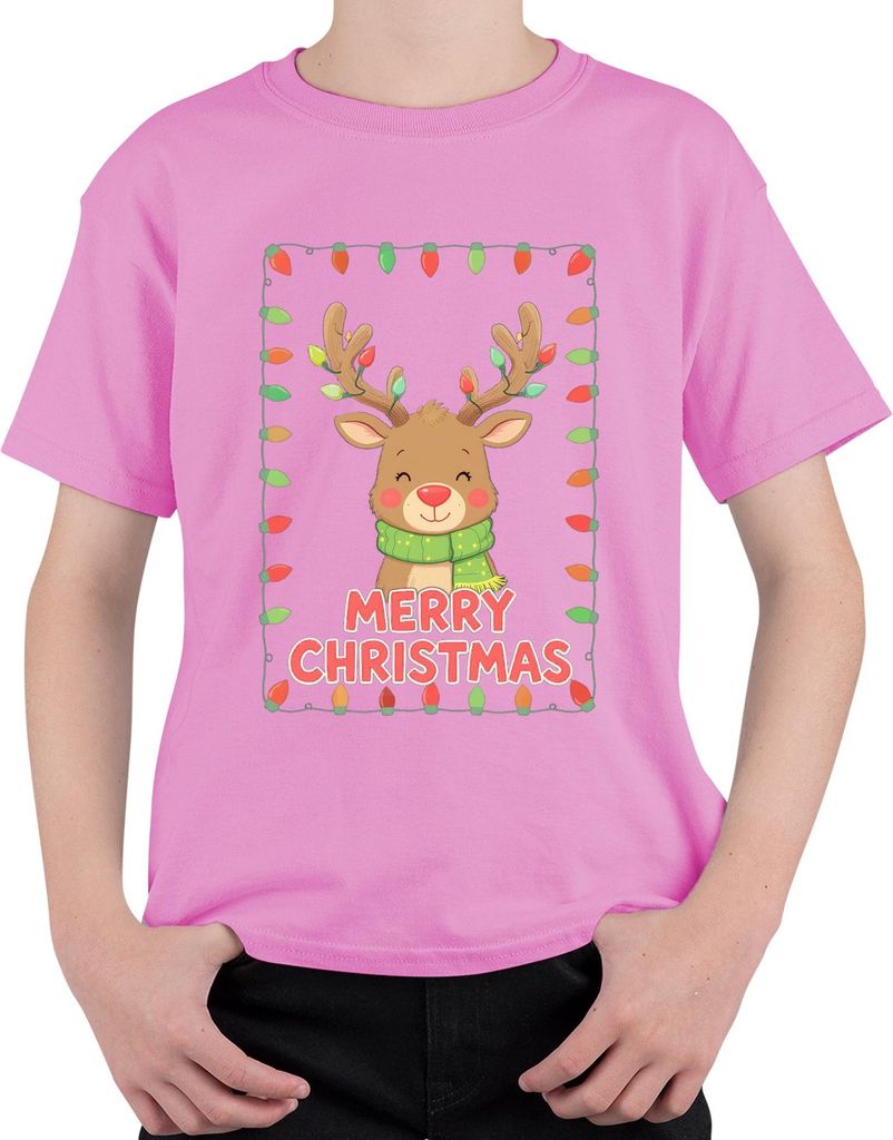 Merry Christmas Rentier Lichterkette Niedlich Kinder Geschenk Uni Kinder T-Shirt, Pink, 116