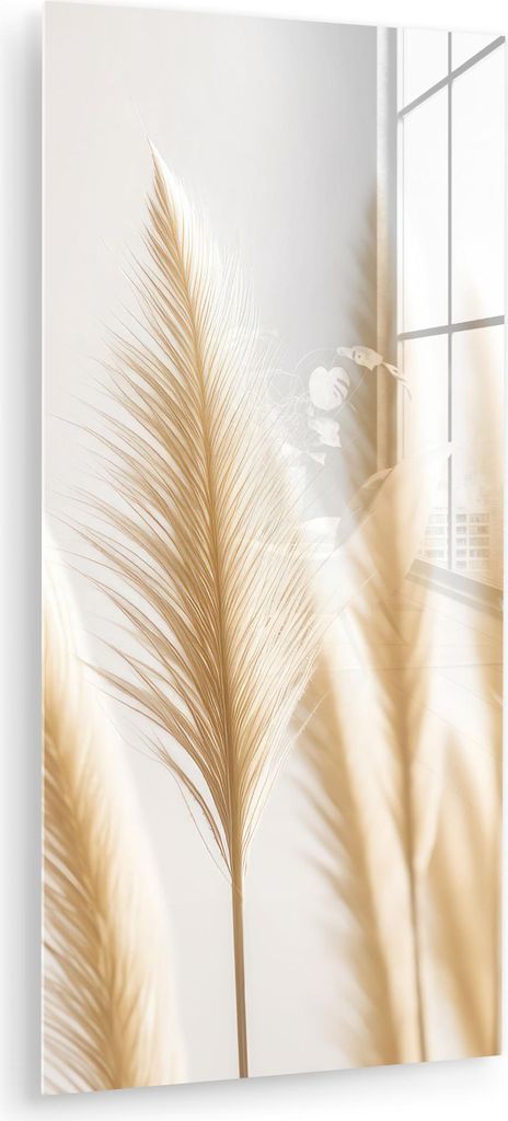 MuchoWow Glasbilder - Bilder auf Wandbild - Foto auf Glas Pampasgras - Federn - Beige - Natur 40x80 cm Wanddekoration aus Glas - Acrylglasbild - Ac...