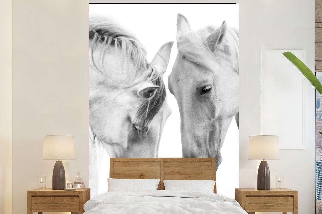 MuchoWow Fototapete für Wohnzimmer oder Schlafzimmer Wandtapete Vinyl Motivtapete Pferd - Tiere - Porträt - Weiß - 225x350 cm - Schlafzimmer t...