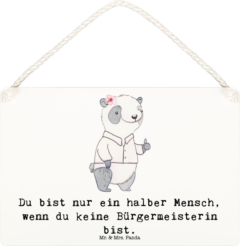 Mr. & Mrs. Panda Wandbild Holz Bürgermeisterin Herz DIN A6 - Weiß - Geschenk, Holzschild, Wahlen, holzbild, Rathaus, Türschild, Spruch, wandtafe...
