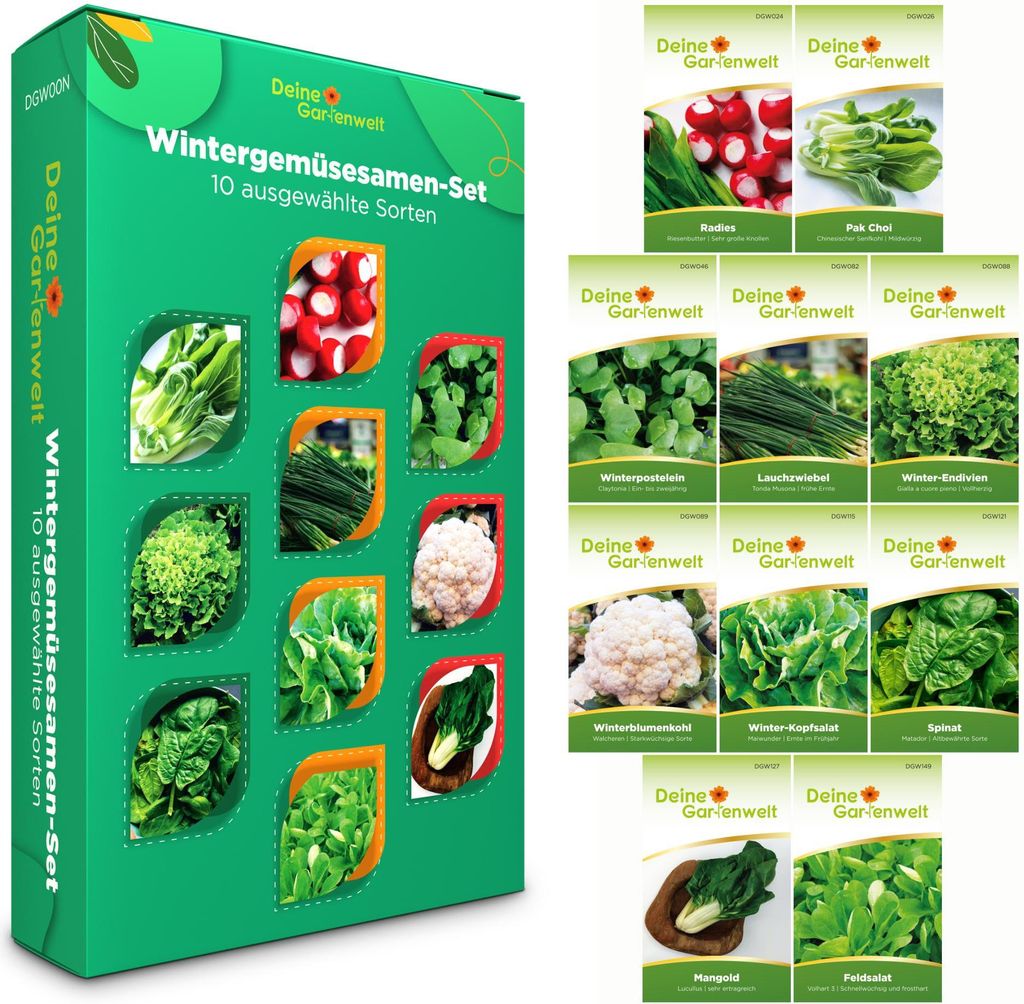 Wintergemüsesamen Set - 10 Sorten Samen - Saatgut Sortiment - Anzuchtset für Wintergemüse - Geschenkset - Radies, Winterpostelein, Salat, Spinat...