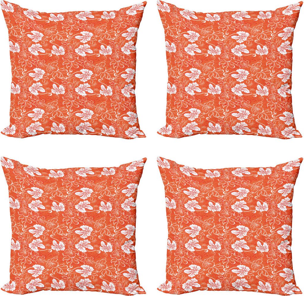 ABAKUHAUS Orange Kissenbezug Set (4 Stück), Hawaii-Sommer-Hibiscus, Moderner Doppelseitiger Digitaldruck, 50 cm x 50 cm, Orange Weiss