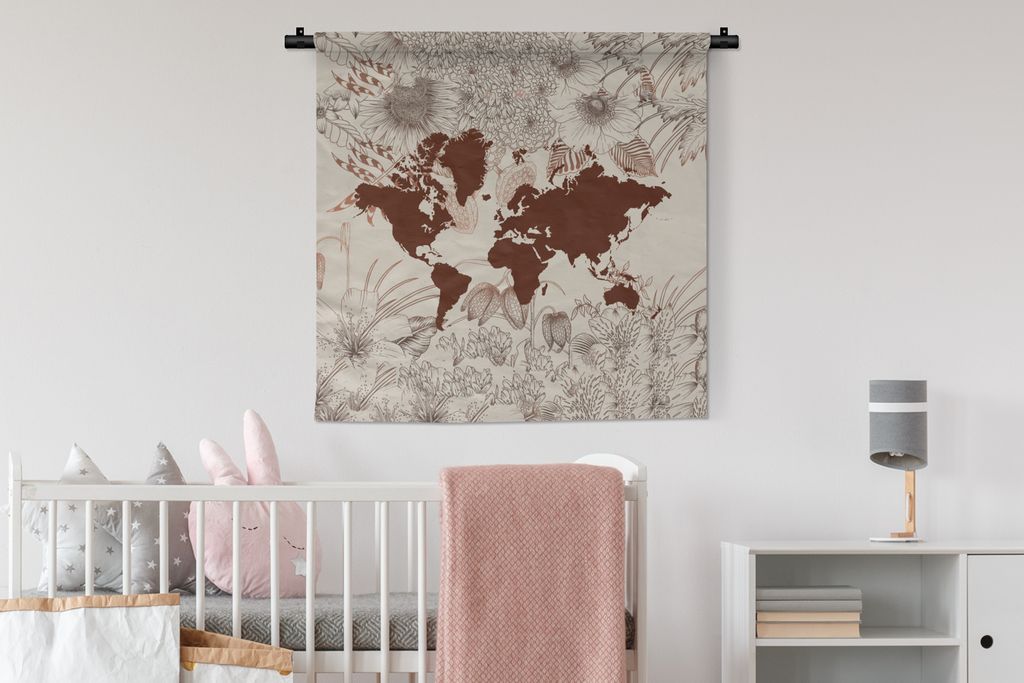 MuchoWow Wandteppich Wandbehang Weltkarte - Blumen - Rot 90x90 cm Tapisserie Dekoration Wandtuch - Wandaufhänger
