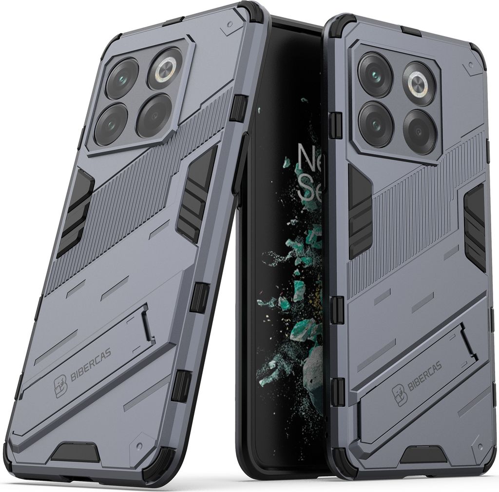 Armor Hülle für OnePlus 10T, Hybrid PC TPU Bumper Stoßfestes Schutzhülle mit Standfunktion Grau