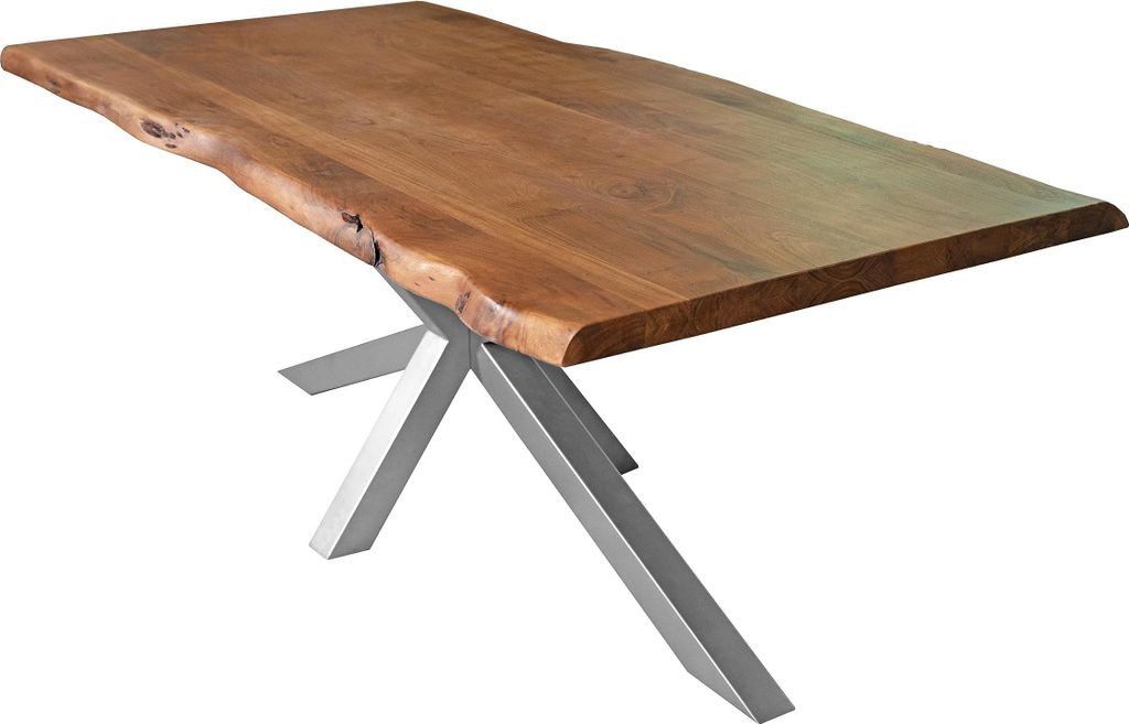 Esstisch 220 x 110 cm Cali, Baumkantentisch nussbaumfarben, Akazienholz massiv, Spider-Gestell aus Metall Silber