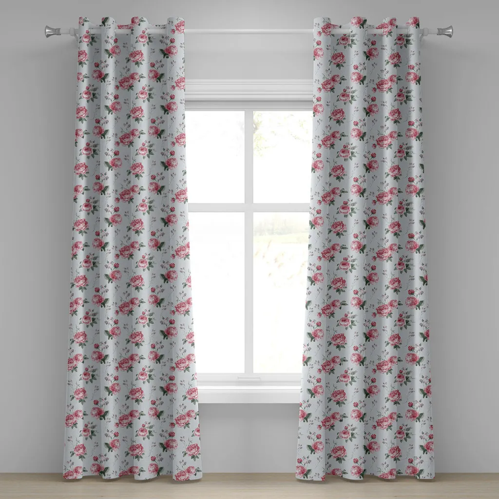 ABAKUHAUS Tenda con occhielli Shabby Flora, romantica primavera-estate fiorita con rose da giardino e foglie, tende decorative a 2 pannelli, 280 cm x 175 cm, verde mandorla rosa pallido
