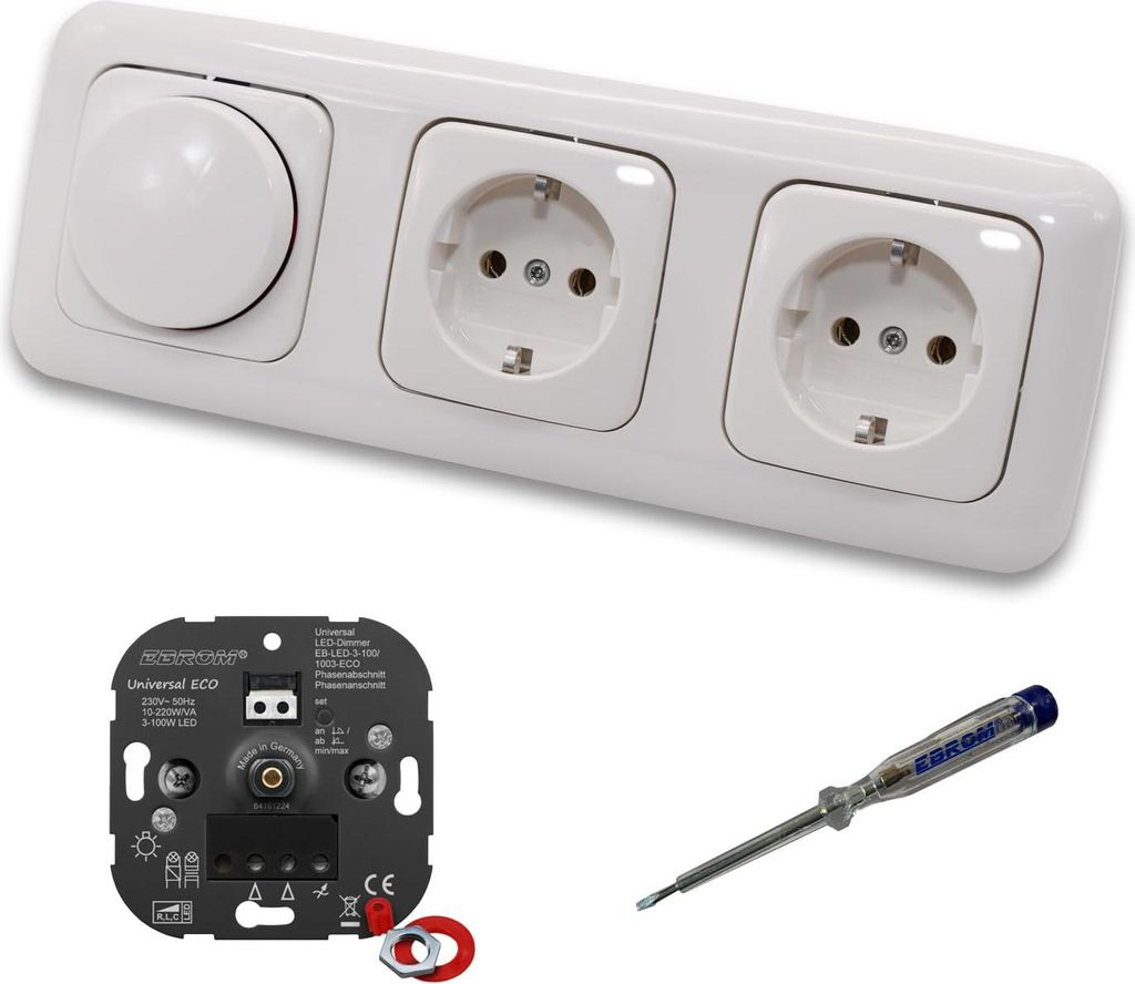 EBROM 1003 Universal ECO LED Drehdimmer Dimmer + Busch Jäger Dimmerscheibe 2115-214 und 2 x Steckdose mit Kinderschutz 20EUCKS-214 in Reflex Si al...