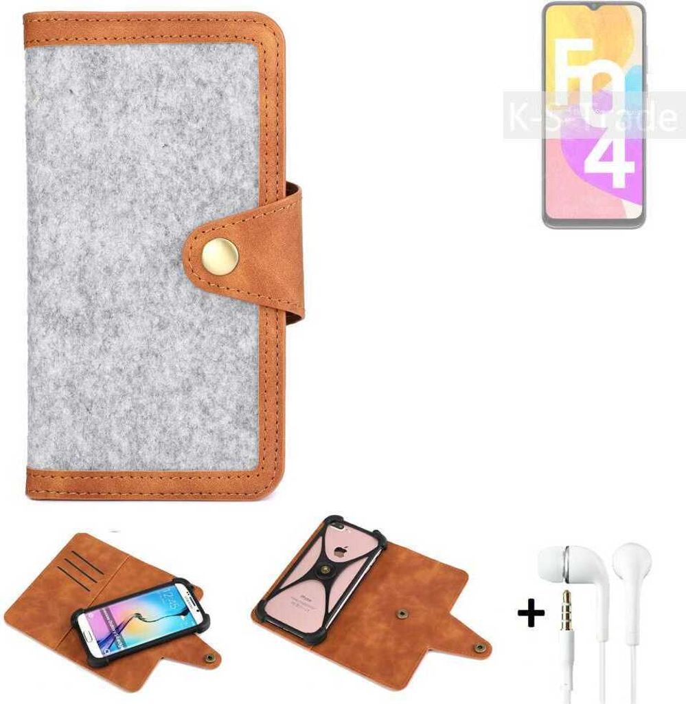 K-S-Trade Handyhülle + Kopfhörer kompatibel mit Samsung Galaxy F04 Schutzhülle Filz Hülle Kunstleder hellgrau braun (1x)