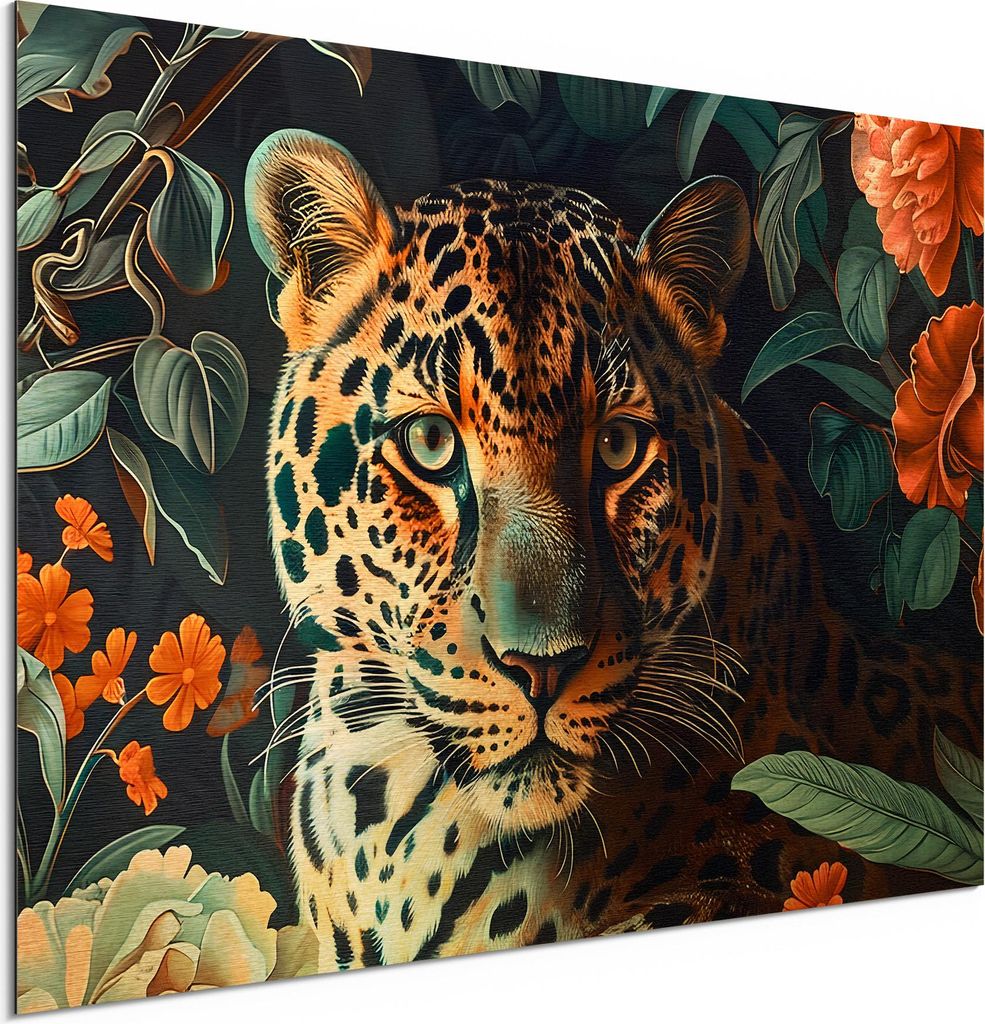 DEQORI Alu-Dibond Bild Gold 60x40 cm 'Leopard im Blütenmeer' Wandbild Metall dünn Design
