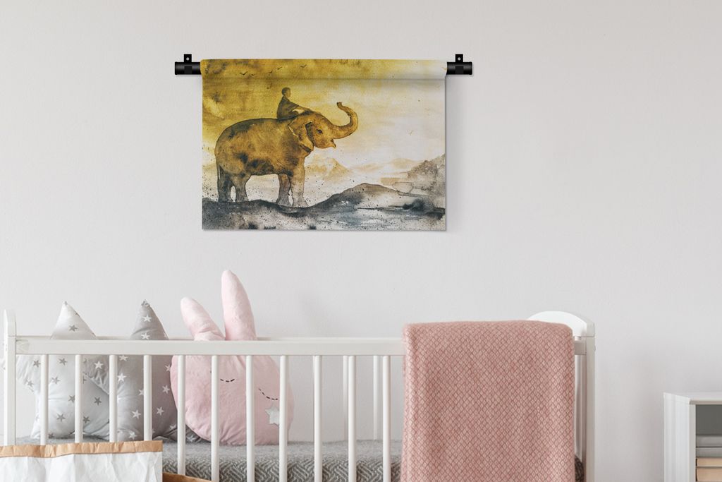 MuchoWow Wandteppich Wandbehang Elefant - Kind - Berg - Aquarell 60x40 cm Tapisserie Dekoration Wandtuch - Wanddekorationen