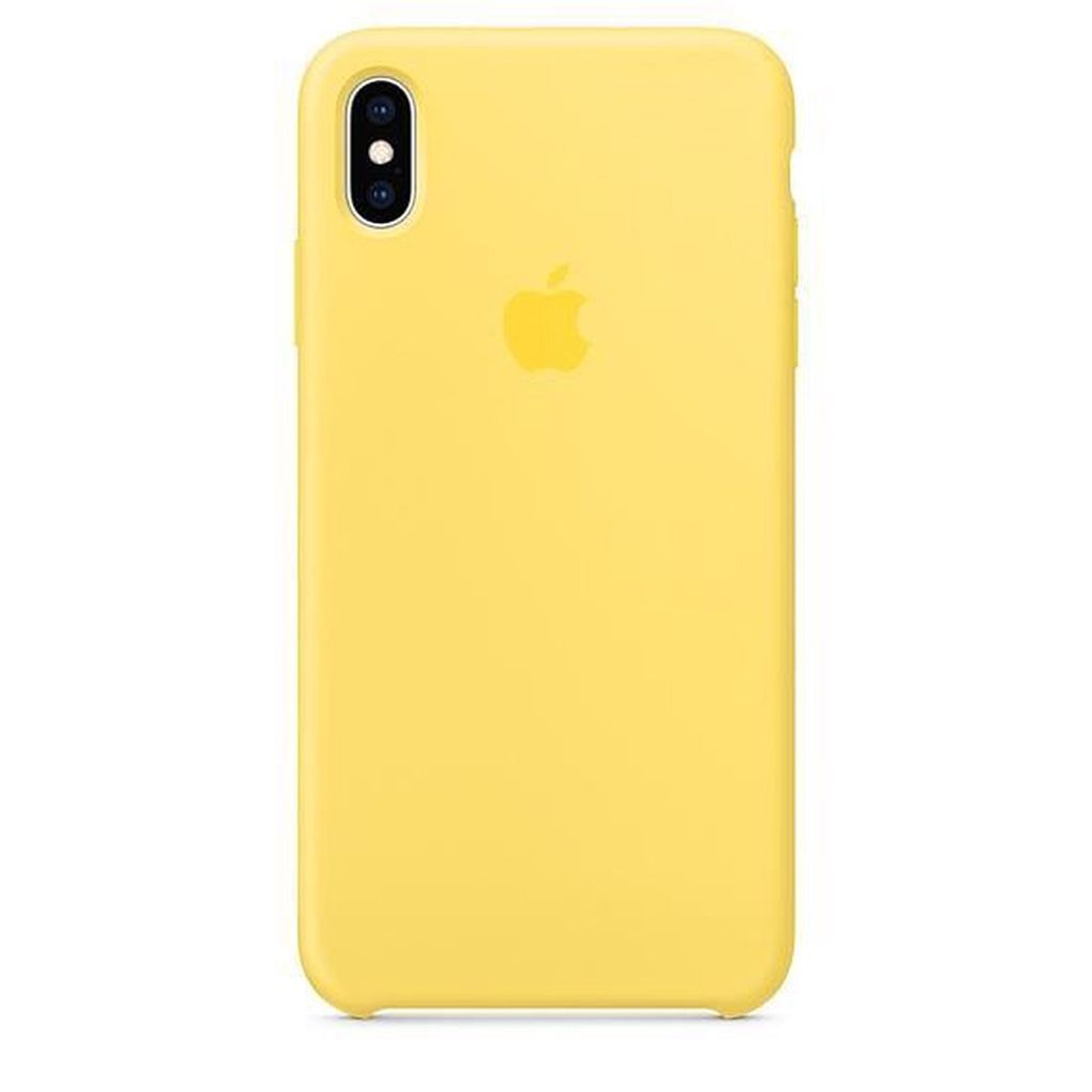 A yellow iPhone case with the Apple logo is shown against a white background.