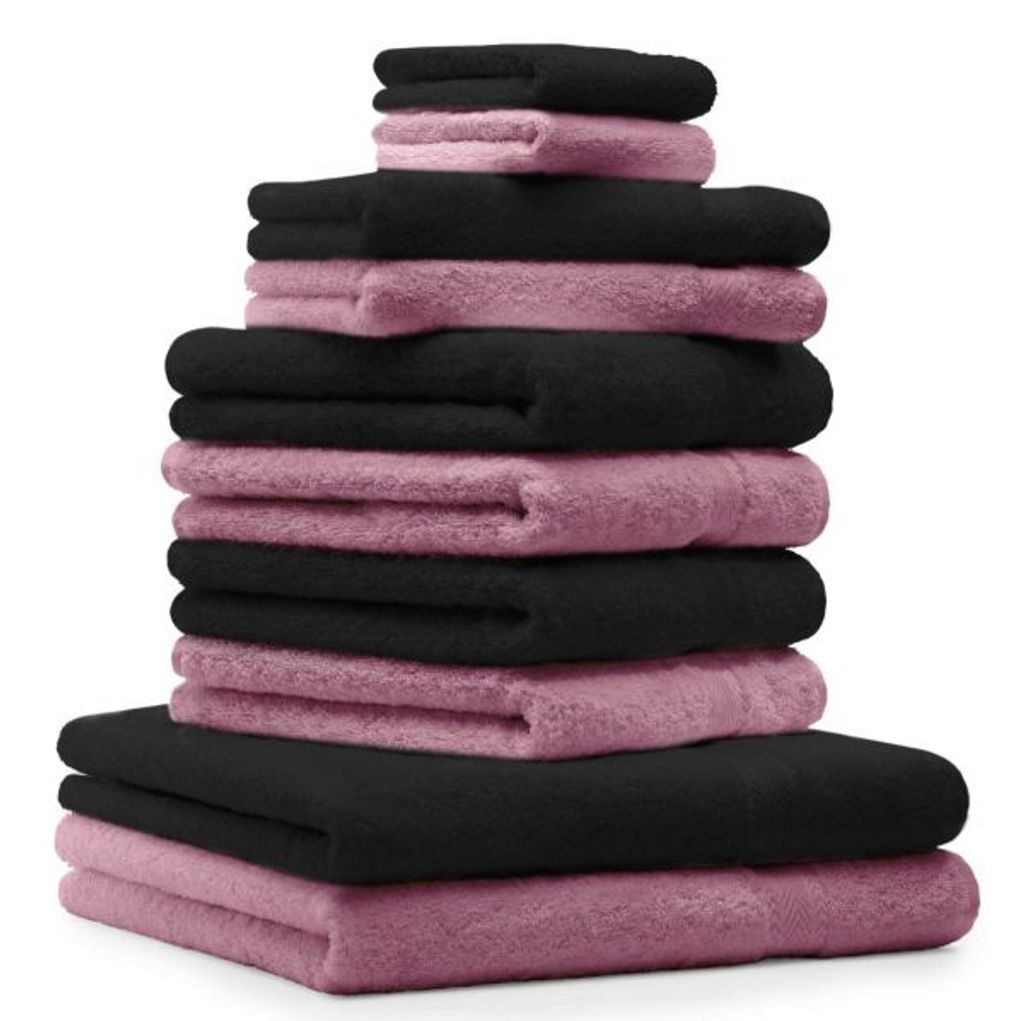 Betz 10-tlg. Handtuch-Set PREMIUM 2 Duschtücher 4 Handtücher 2 Gästetücher 2 Waschhandschuhe Farbe: altrosa und schwarz