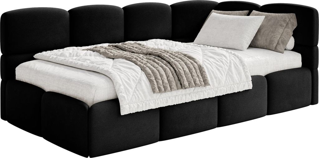 Selsey Cloudy – Jugendbett 120 cm, Bettkasten, Velours wasserabweisend, Kopfteil rechts, Schwarz
