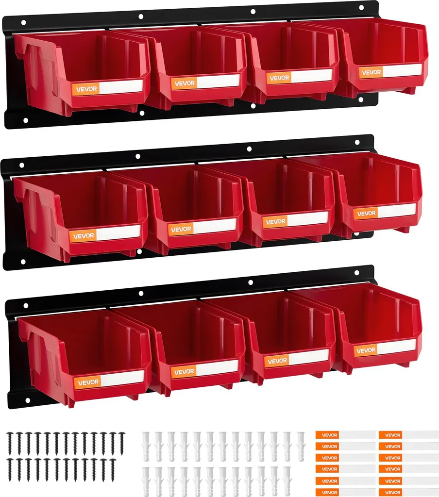 Rangement Mural pour Garage et Atelier : 12 Bacs Rouges Organiseurs