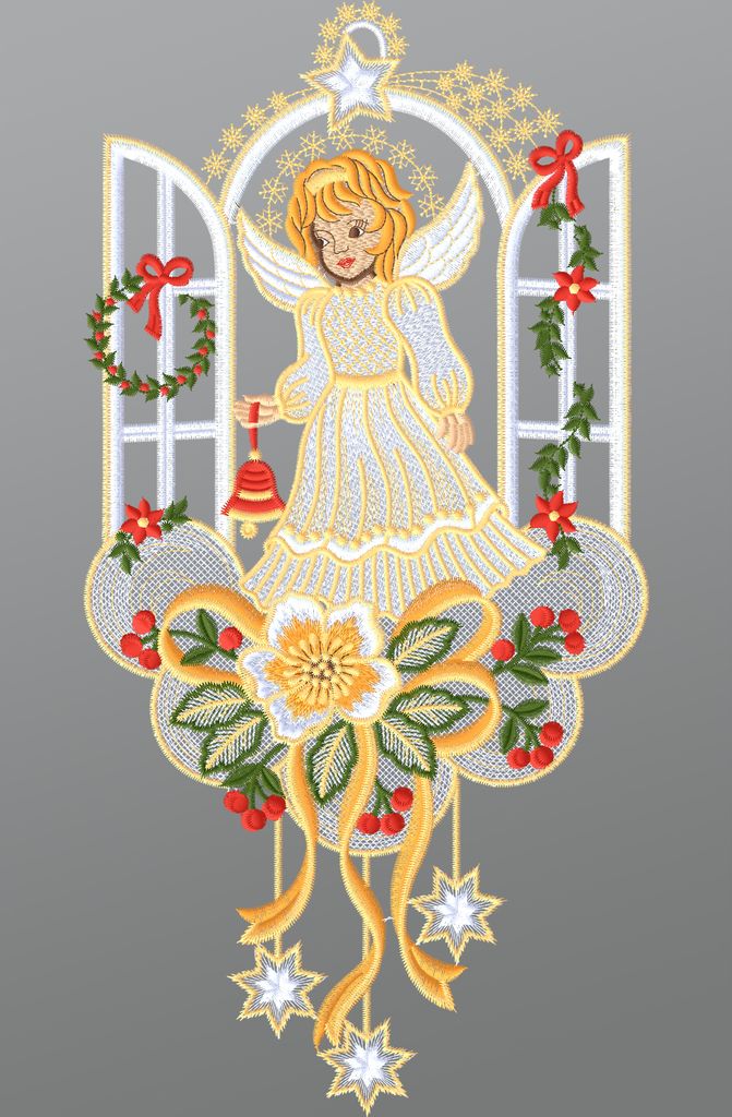 Fensterbild aus Plauener Spitze - Christkind mit Weihnachtsglöckchen (Bx H) 19cm * 37cm mehrfarbig Fensterdekoration Fensterschmuck