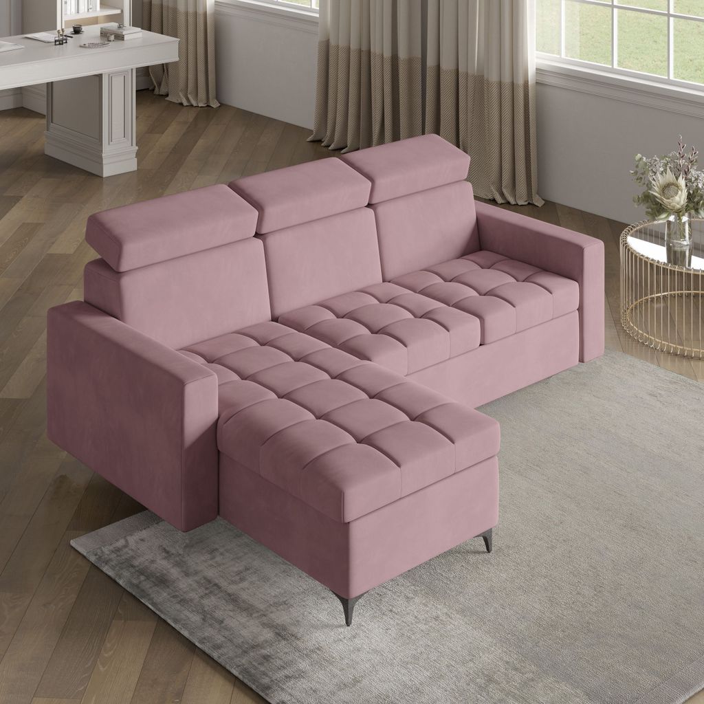 Masseno Ecksofa KAME mit Schlaffunktion L-Form, Sofa mit Bettkasten, Wohnzimmersofa, Couch, Soffa, Bettsofa, Couchgarnitur- Rosa, KRONOS 27