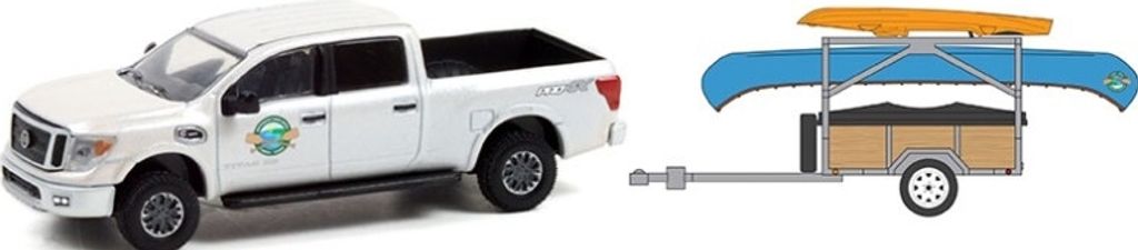 2019 NISSAN Titan XD PRO-4X mit HITCH & TOW Anhänger und Kanu in Blisterverpackung, GREEN32230-A, Maßstab1/64, GREENLIGHT