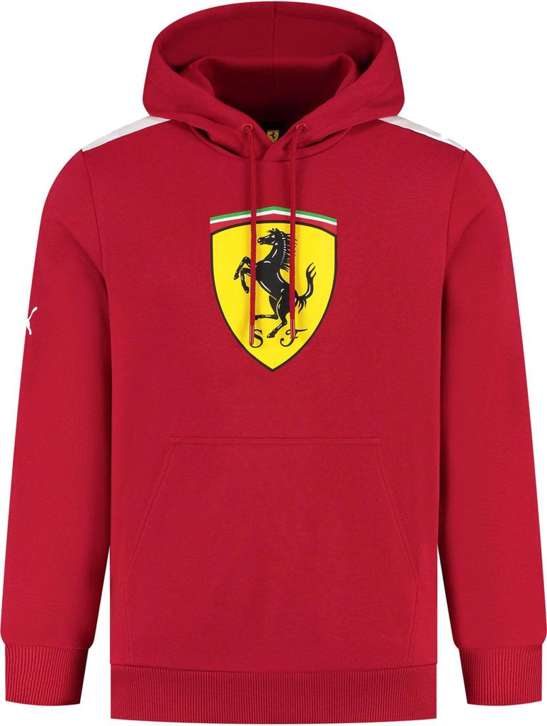 Scuderia Ferrari Kapuzenpullover Shield Puma, Offizieller Fanartikel, Roter Hoodie mit Ferrari Wappen und Kängurutasche, 68% Baumwolle 32% Polyester