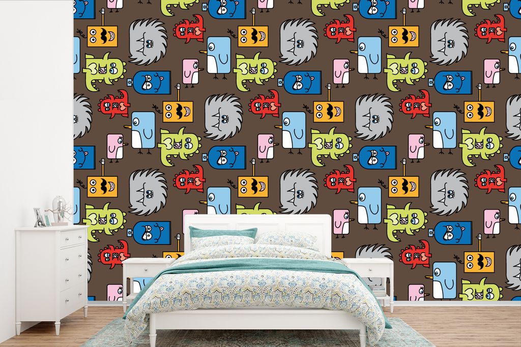 MuchoWow Fototapete für Wohnzimmer oder Schlafzimmer Wandtapete Vinyl Motivtapete Muster - Monster - Tiere - Kinder - Kinder - 330x220 cm - Foto...