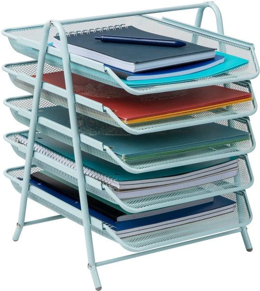 Organiseur Bureau Treillis Métallique Bleu à 5 Niveaux de Rangement