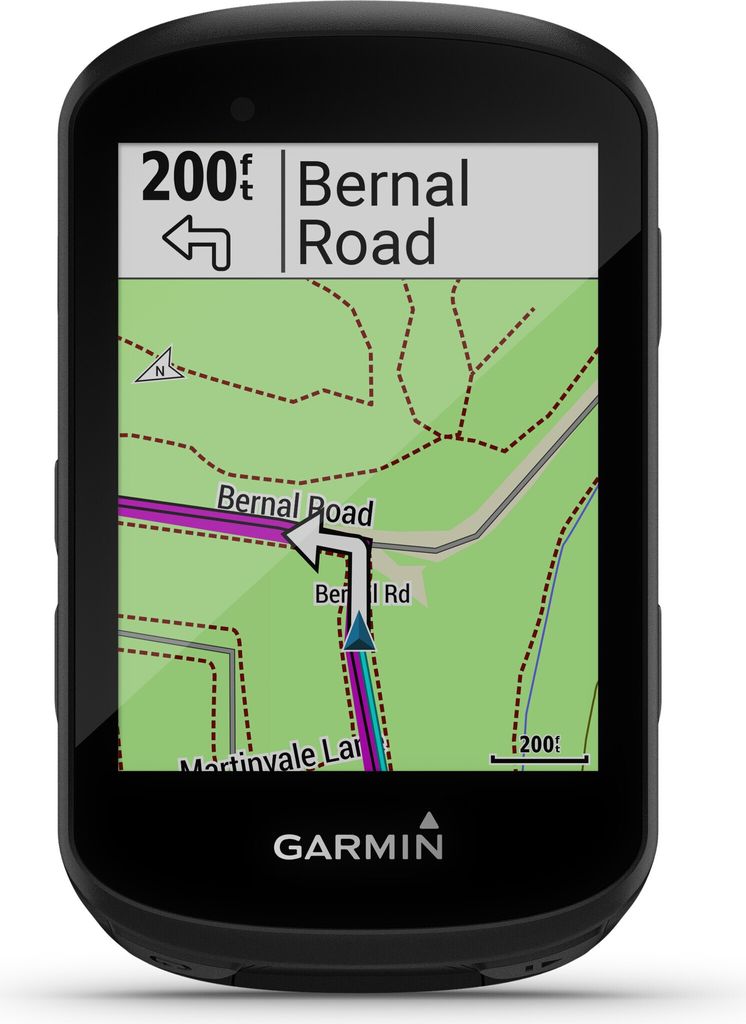 A GPS cycling computer displaying a map with navigation instructions.