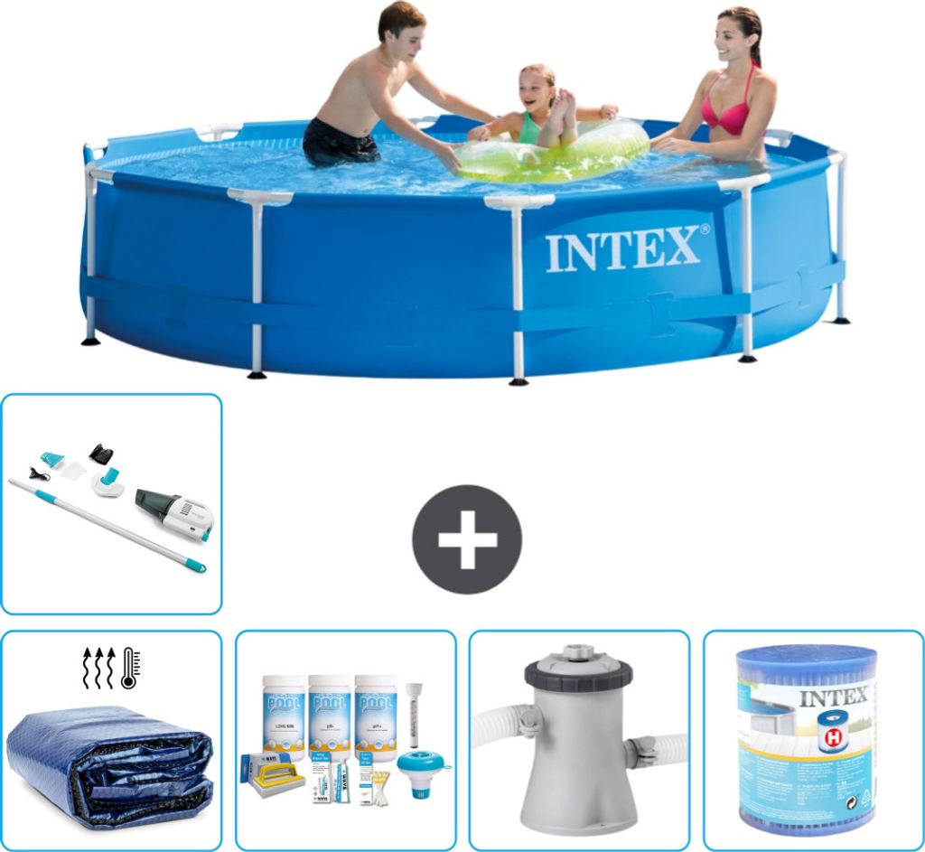 Intex-Schwimmbecken mit rundem Rahmen – 305 x 76 cm – Blau – im Lieferumfang enthalten Sonnensegel - Wartungspaket - Filterpumpe für Schwimm...