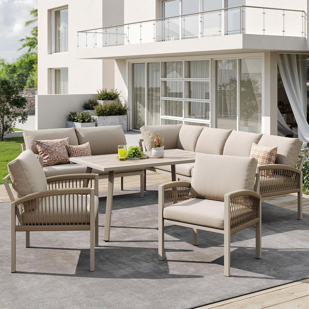 STILVORA Gartensofa L-förmig für 8 Personen mit Eisengestell und beigen Kissen, Gartenmöbel-Set inkl Tisch und 2 handgeflochtenen Sesseln, Sofa ...