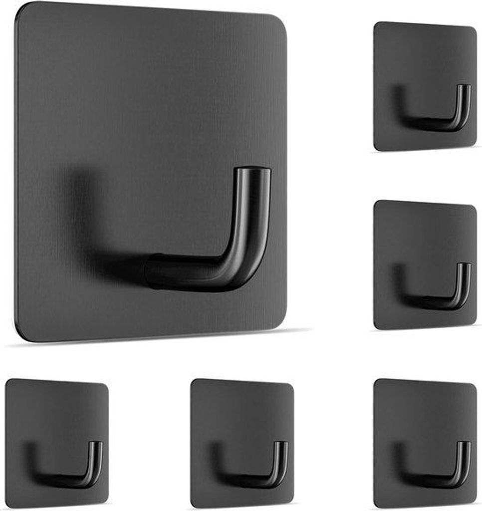 Autoadhesieve Ophanghaken für Badezimmer, Küche, Wand, ohne Bohren, 6 Stück, Stahl, Schwarz