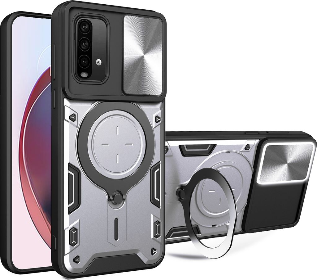 Handyhülle für Xiaomi Redmi 9T/Note 9 4G/Poco M3 Dual-Layer Stoßfest Rüstung Hülle mit Dia Kameraschutz und Kreisförmig Ring Ständer Silber