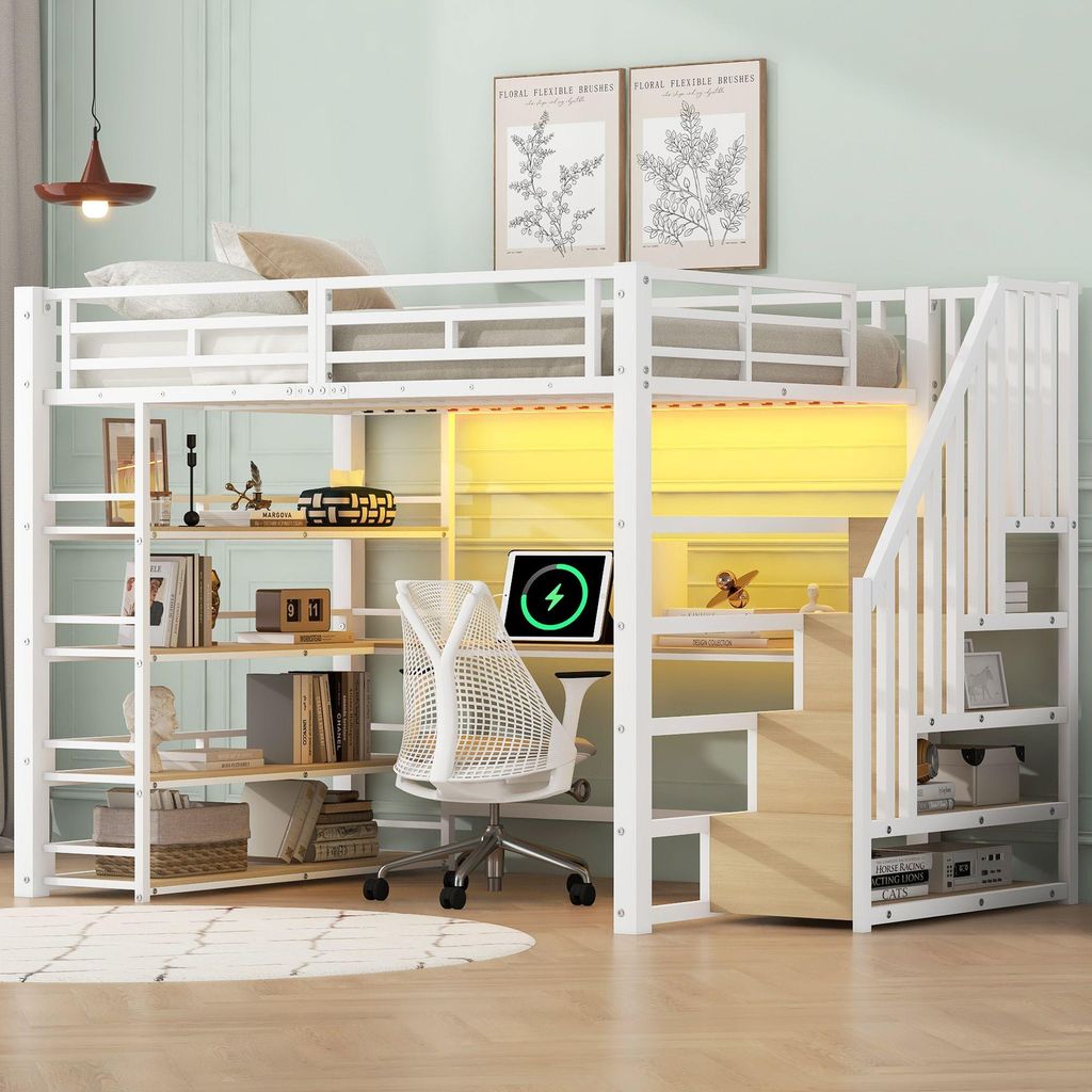 Merax Etagenbett 140x200 cm, mit USB, LED, Metall Hochbett Kinderbett mit Lagertreppe, Schreibtisch, Regal, Stockbett, Jugendbett, Weiß