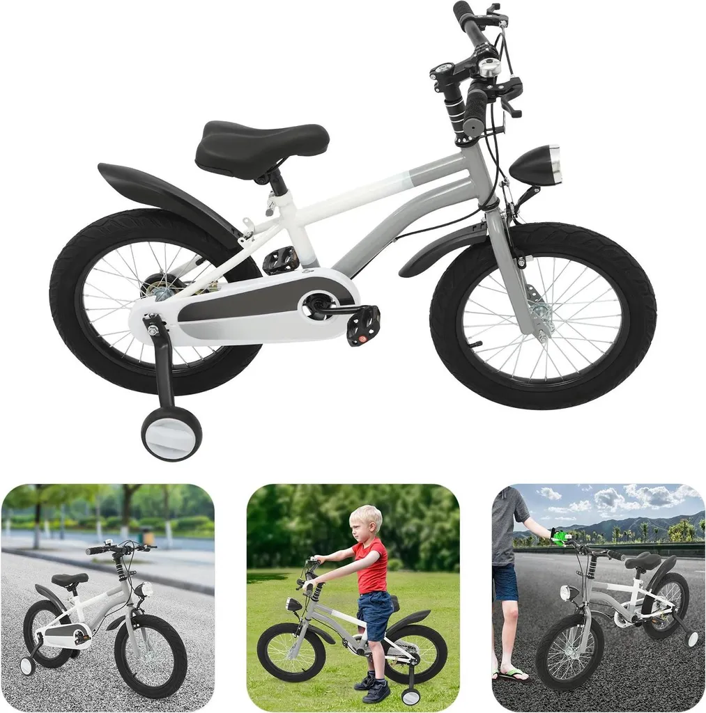 Vélo enfant 16 pouces gris clair avec stabilisateurs et freins sécurisés