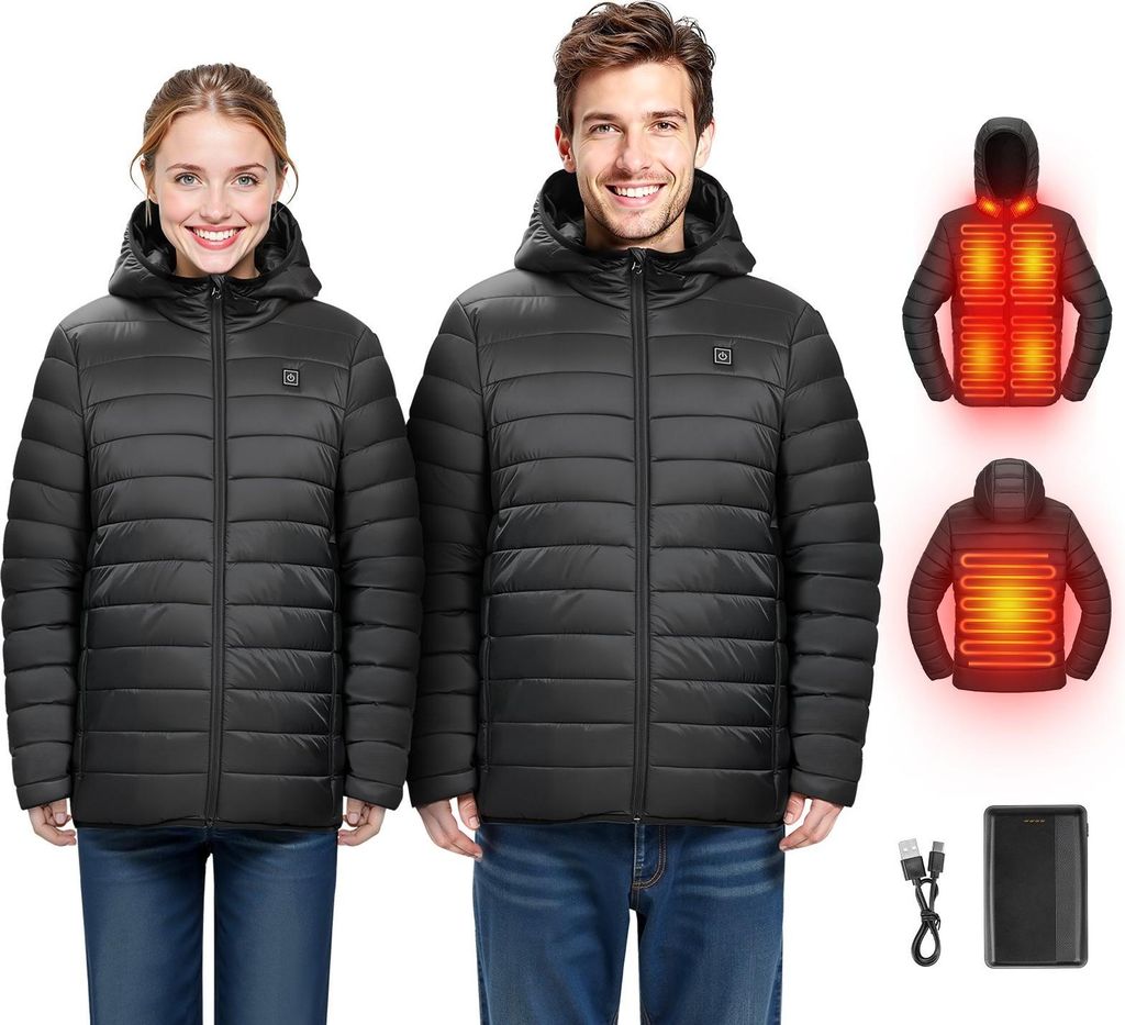 Beheizte Jacke für Herren - Elektrische Softshell-Heizjacke - 7,4 V Akku - 6 Heizzonen - 3 Heizstufen - Winddicht - Leicht - Für Wandern & Arbeit...