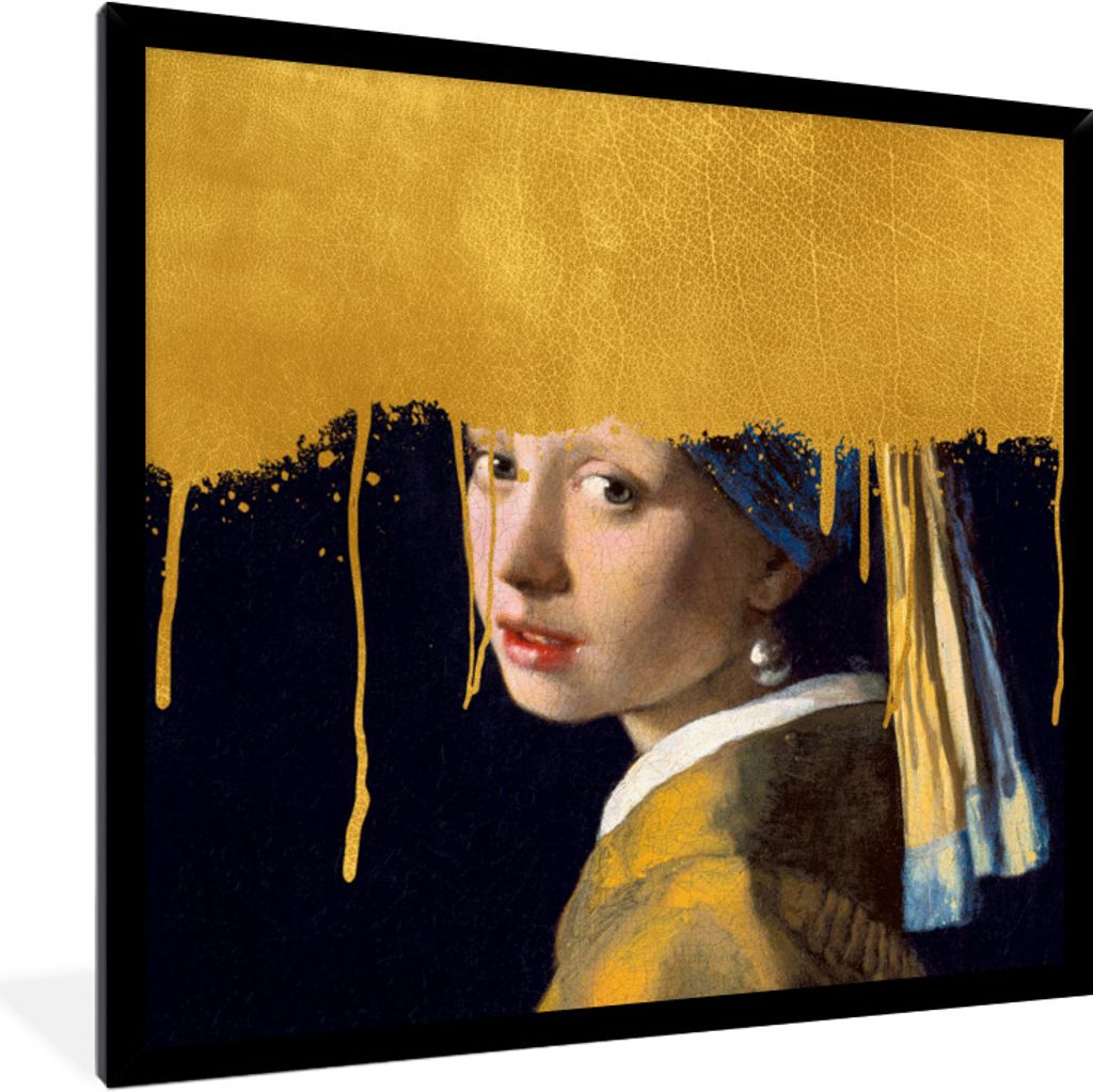 MuchoWow Gerahmtes Poster Mädchen mit einem Perlenohrring - Gold - Vermeer 40x40 cm - Poster mit Schwarzem Bilderrahmen Wandposter Rahmen Foto B...