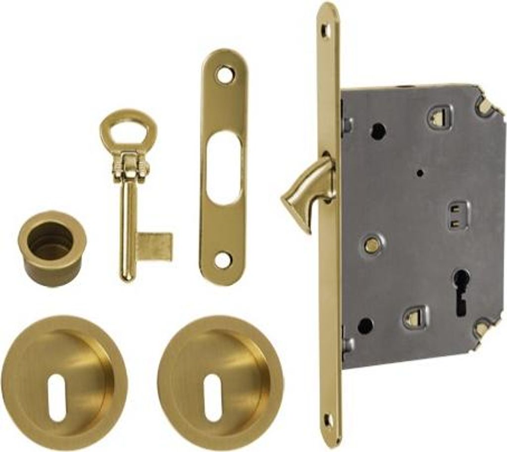 Schiebetürschloss + Rundgriffe mit Knickschlüssel, Mattgold