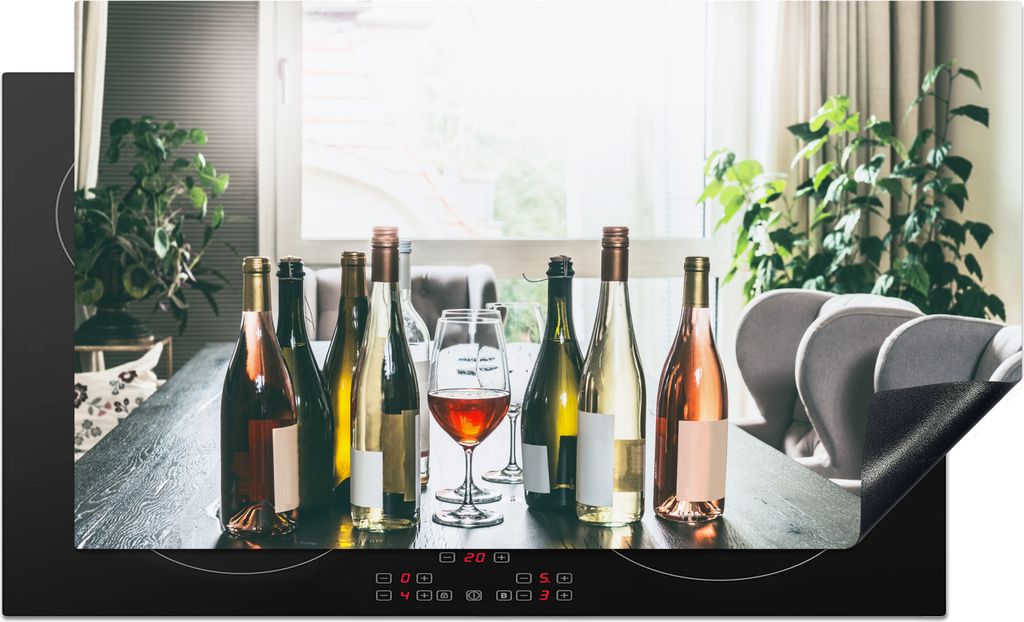 KitchenYeah Herdabdeckplatte Tisch mit Weinflaschen , 89x51cm, Küche Deko, Glaskeramikkochfeld Herdabdeckung, Abdeckplatte fùr Kochfeld